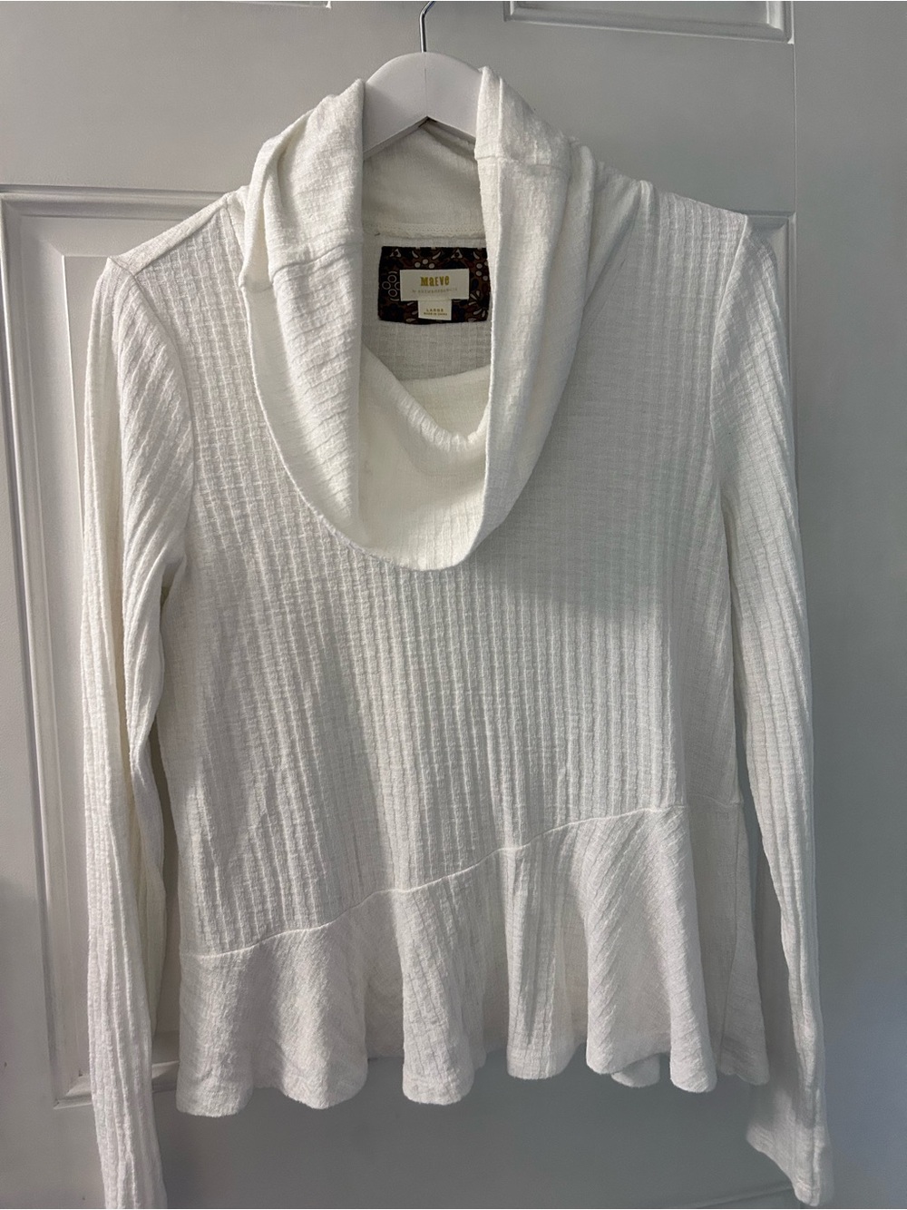 Maeve White Ribbed Cowl Neck Long Sleeve Top